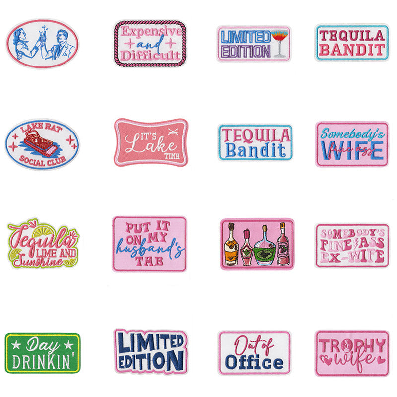 Wholesale Stylish Bar Theme Embroidered Patches Embroidery Thread Set Of 16 Cartoon Letter Badges For et DIY Scrapbook Fashion Accessory