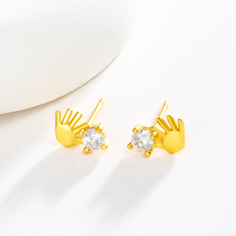 Wholesale Funny Creative Finger Inlaid Zirconium Copper Plated 24k Gold Earrings
