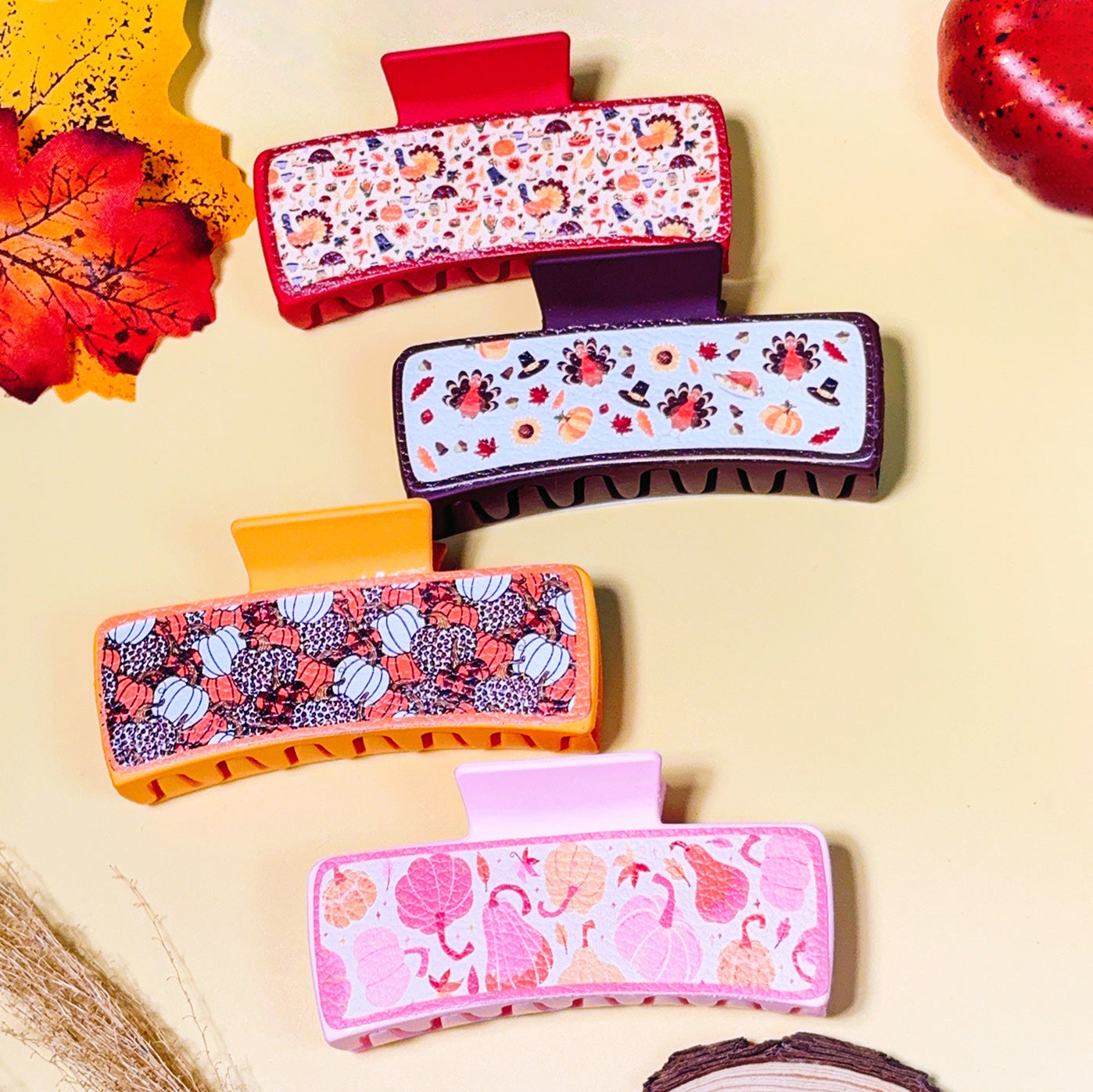 Wholesale Thanksgiving Turkey Pumpkin Leather Print Rectangular Grab Clip