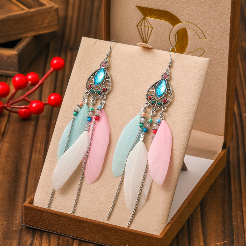 Wholesale Waterdrop Feather Retro Dot Diamond Chain Small Fresh Earrings