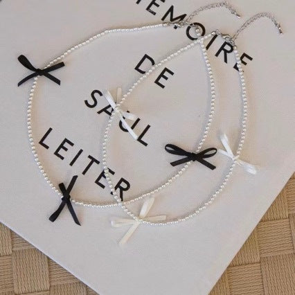 Wholesale Sweet Style Ribbon Bow Pearl Necklace Clavicle Chain