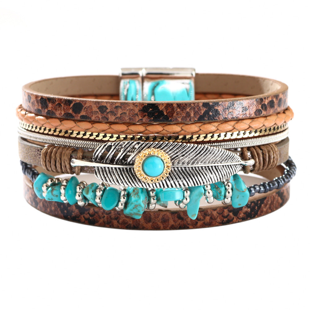 Wholesale Vintage Feather Blue Turquoise Gravel Multi-Layer Leather Bracelet