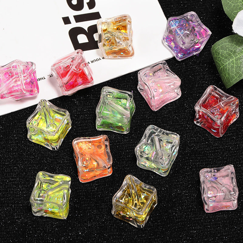 Wholesale 25pcs Luminous Quicksand Ice Cube Sequins Oblique Hole Square Beads