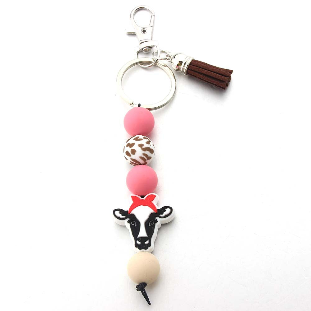 Wholesale Handmade Silicone Beads Cow Cartoon Tassel Bag DIY Keychain