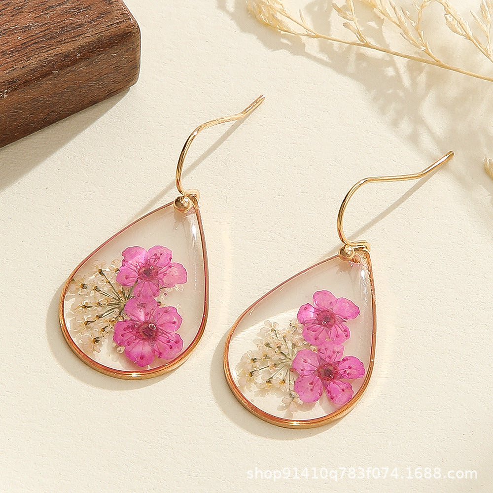 Wholesale transparent camellia dried flower water drop flower earrings