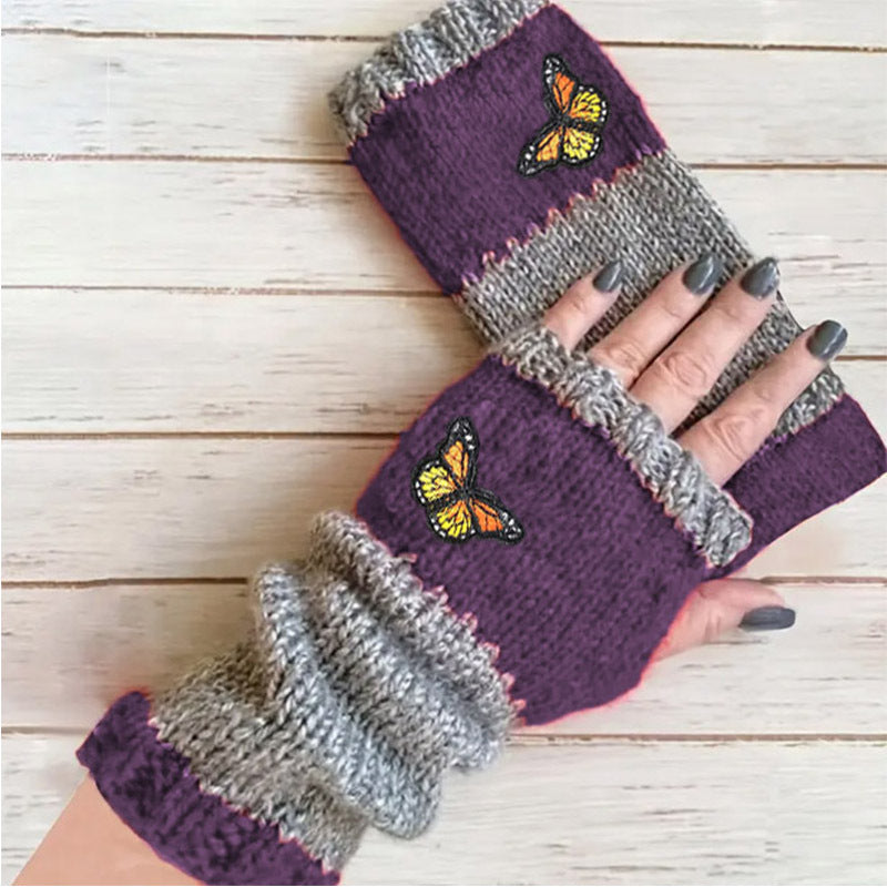 Wholesale Stitched Half Finger Butterfly Embroidered Warm Gloves