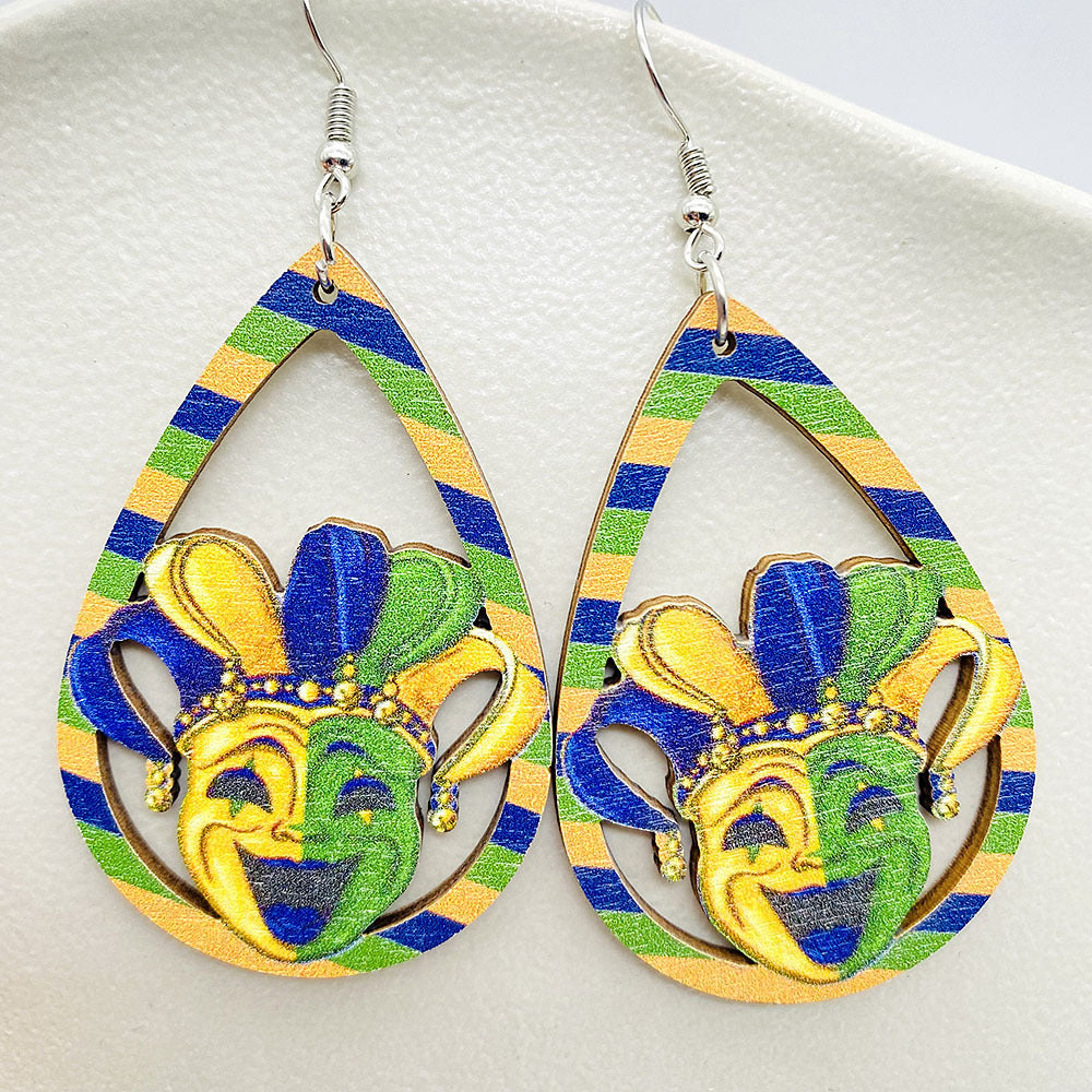 Wholesale Colorful Festival Exaggerated Mask Water Drop Hollow Wooden Earrings