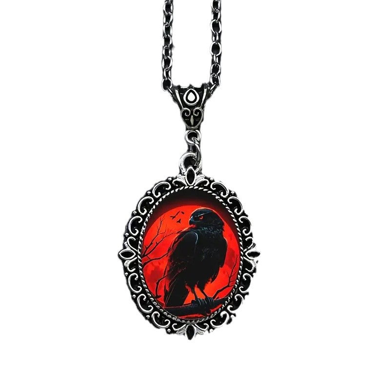 Wholesale Gothic Raven Oval Glass Necklace