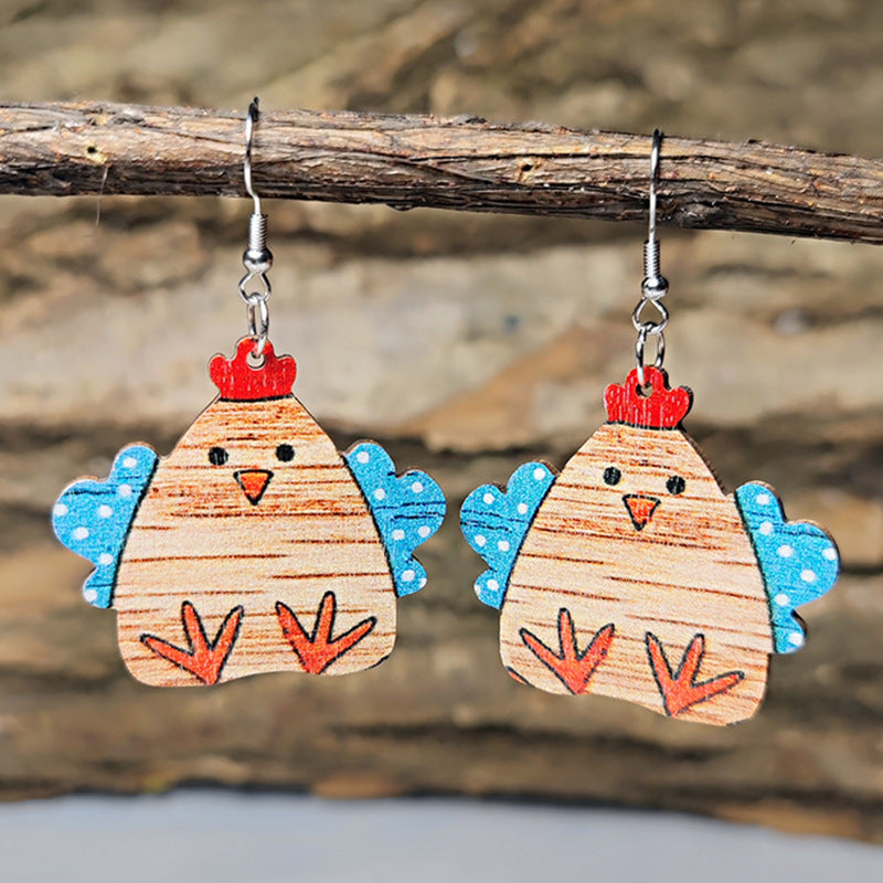 Wholesale Farm pastoral style cute hen and chick wooden double-sided Earrings