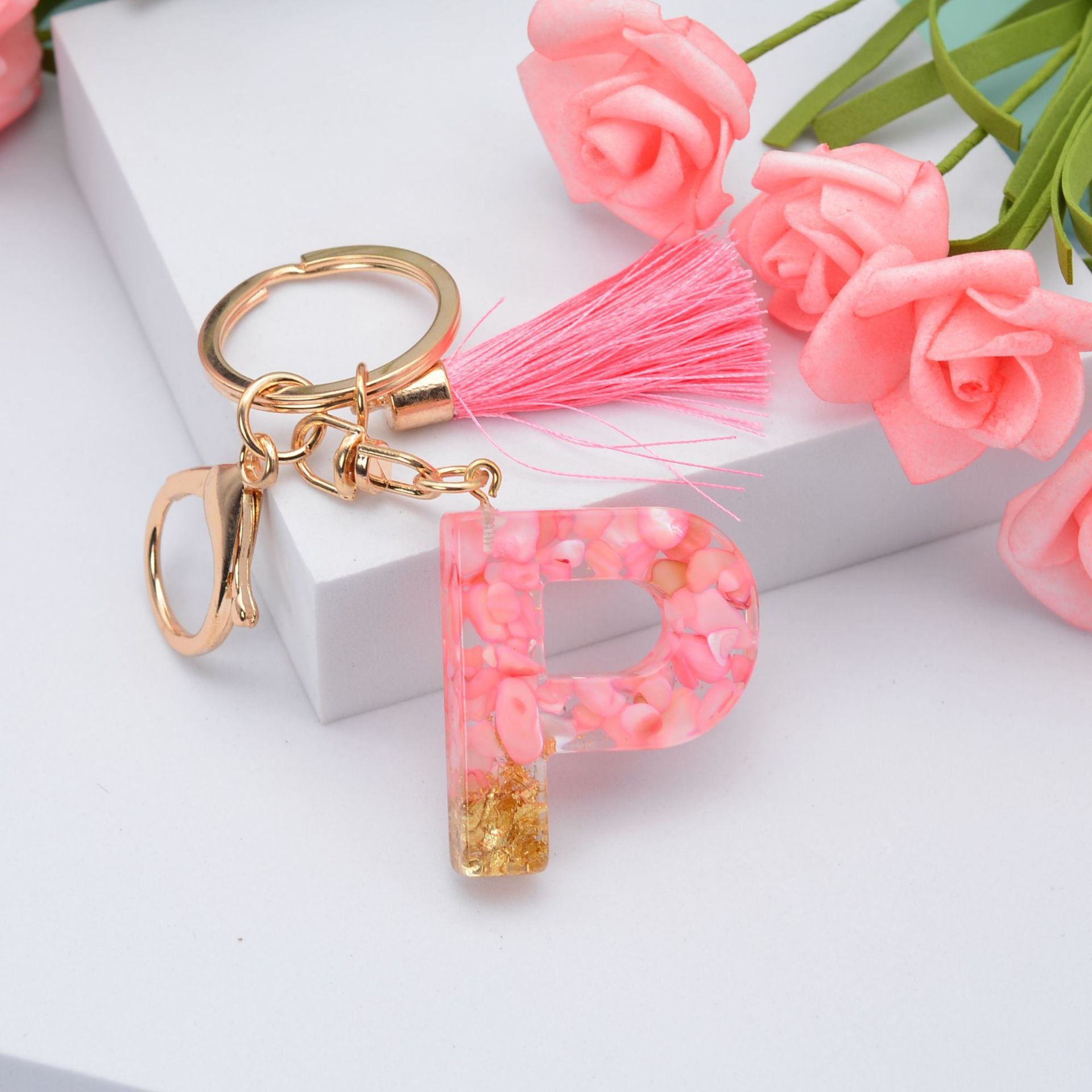 Wholesale Pink Tassel 26 Letter Crystal Resin Keychain