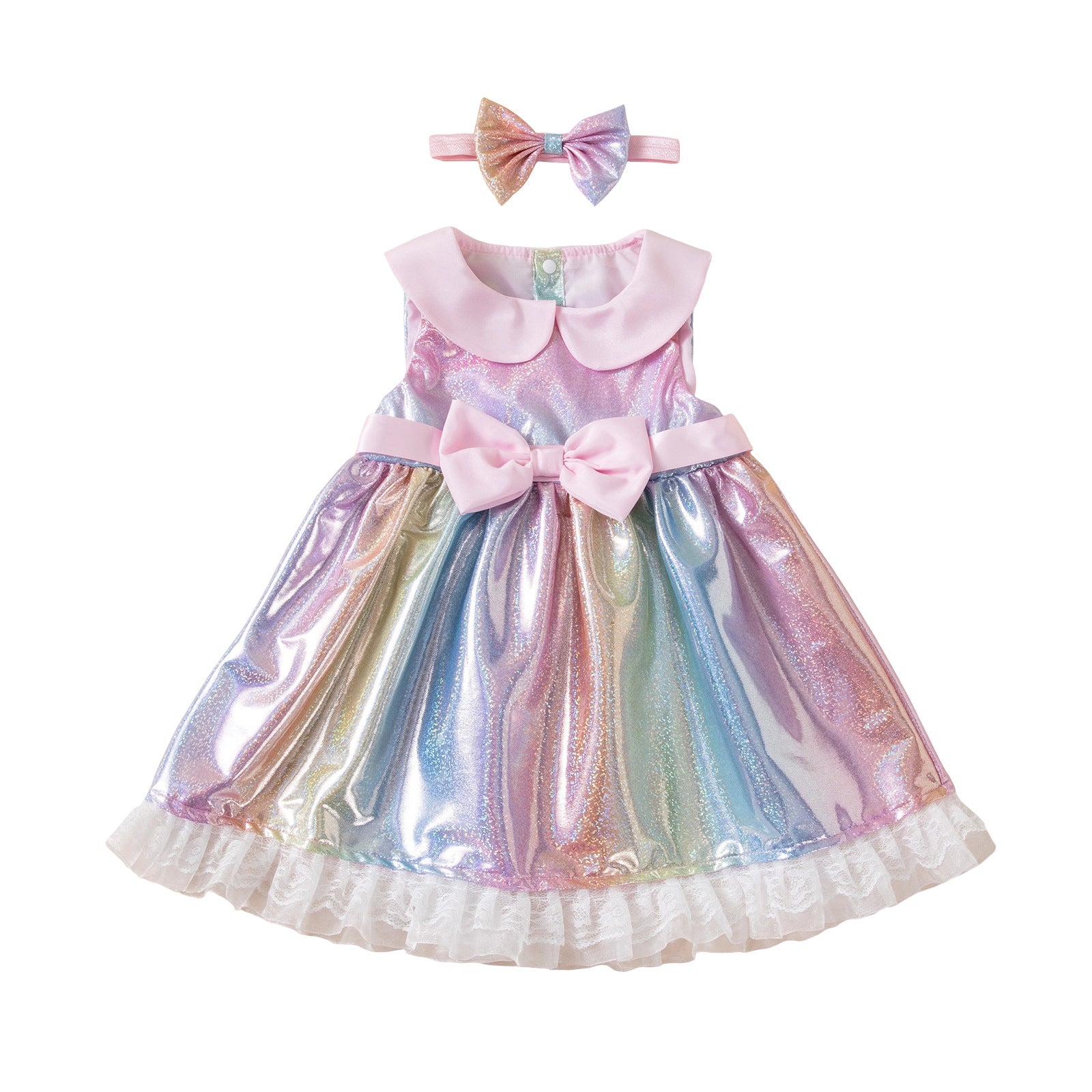 Wholesale Summer Trendy Girls Rainbow Princess Dress Sleeveless Doll Collar Sequin Bow Waist Party Photo Polyester
