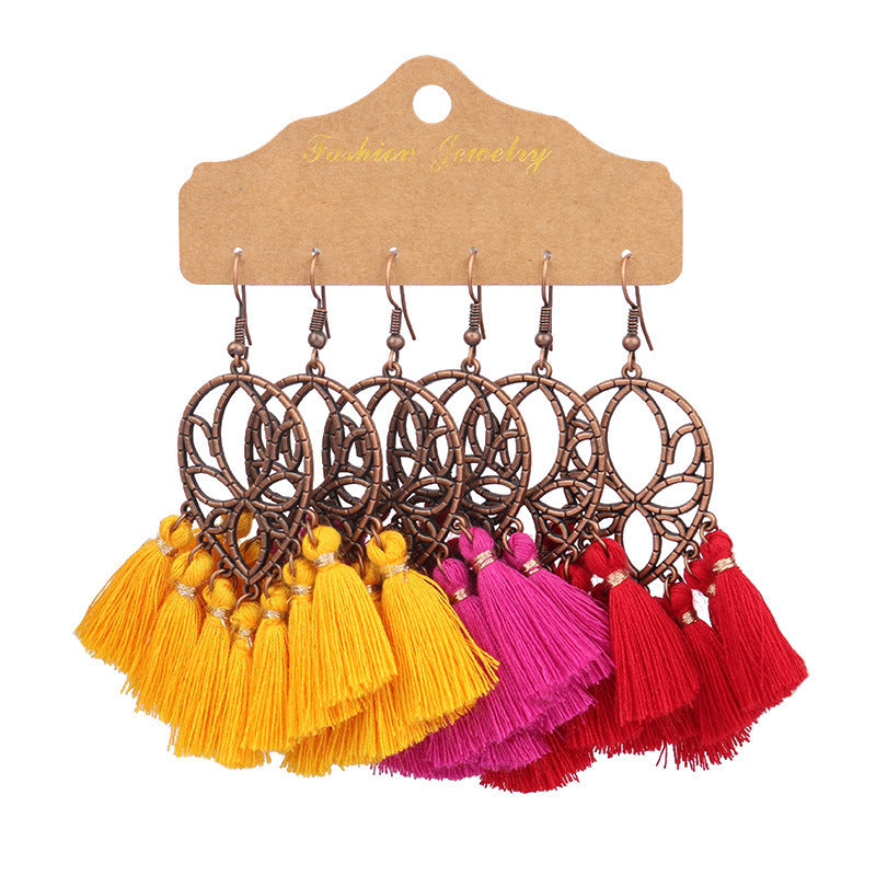 Wholesale Vintage Distressed Geometric Tassel Flower Earrings Set