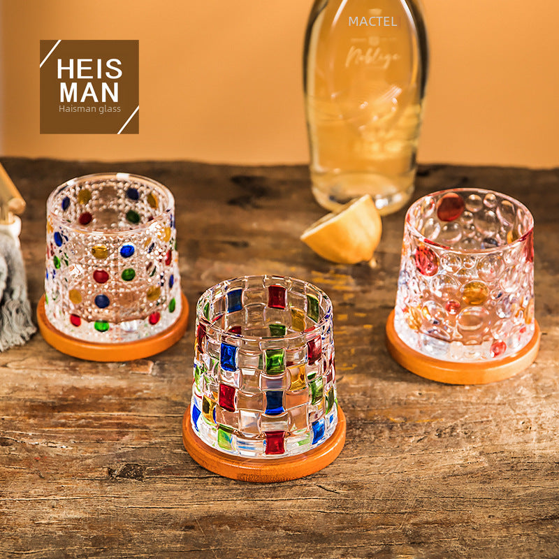 Wholesale Haisman thickened color glass creative rotating whiskey glass hand painted rotating cup with wooden tray decompression Cup