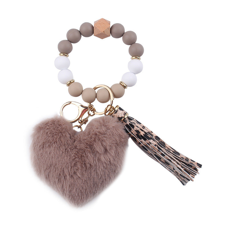 Wholesale Heart Shape Fur Ball Tassel Silicone Beaded Wrist Keychain