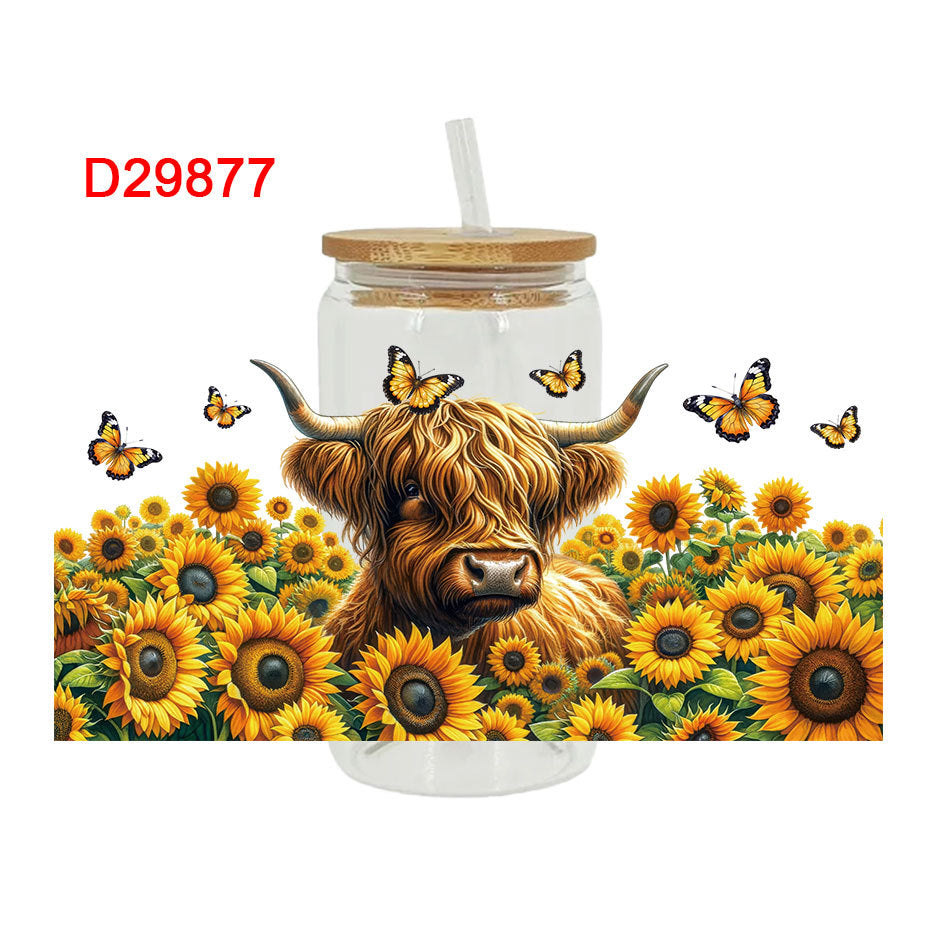 Wholesale Cute cartoon sunflower cow 16oz Cup UV DTF Wraps