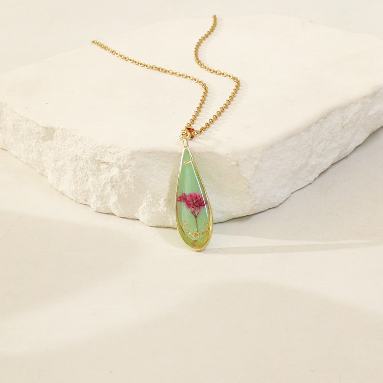 Wholesale 6pcs Resin Colored Dried Flower Pendant Water Drop Necklace