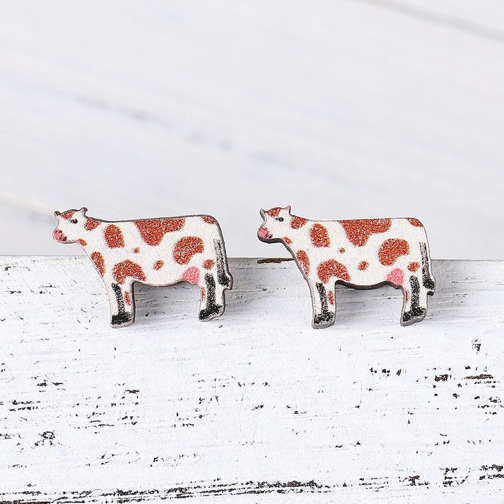 Wholesale  New Ethnic Western Denim Jewelry Dairy Pattern Love Cow Earrings Cute Wooden Earrings