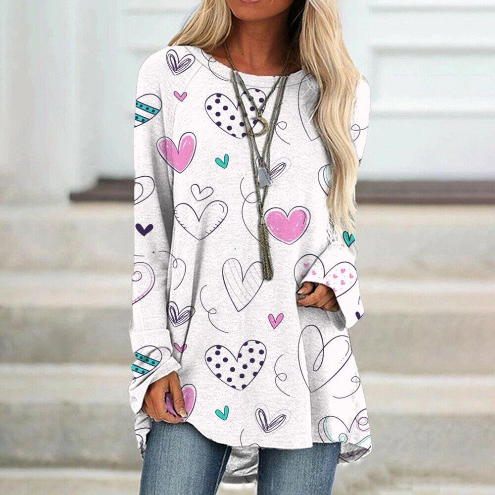 Wholesale Spring 3D Valentine's Day Love Printed Casual Loose Round Neck Long Sleeve T-shirt
