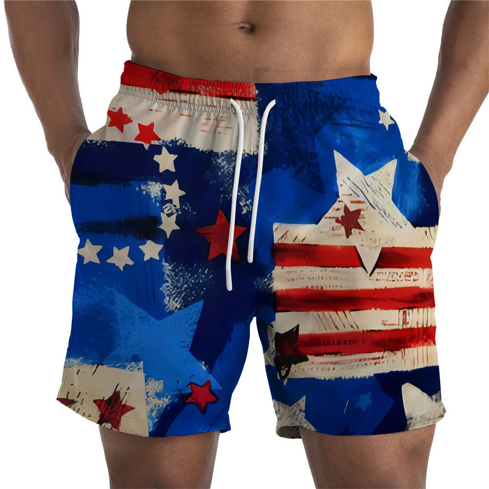 Wholesale Polyester Men's Independent Day Elements 3D Digital Printed Shorts Loose Fitting Straight Leg Beach Pants