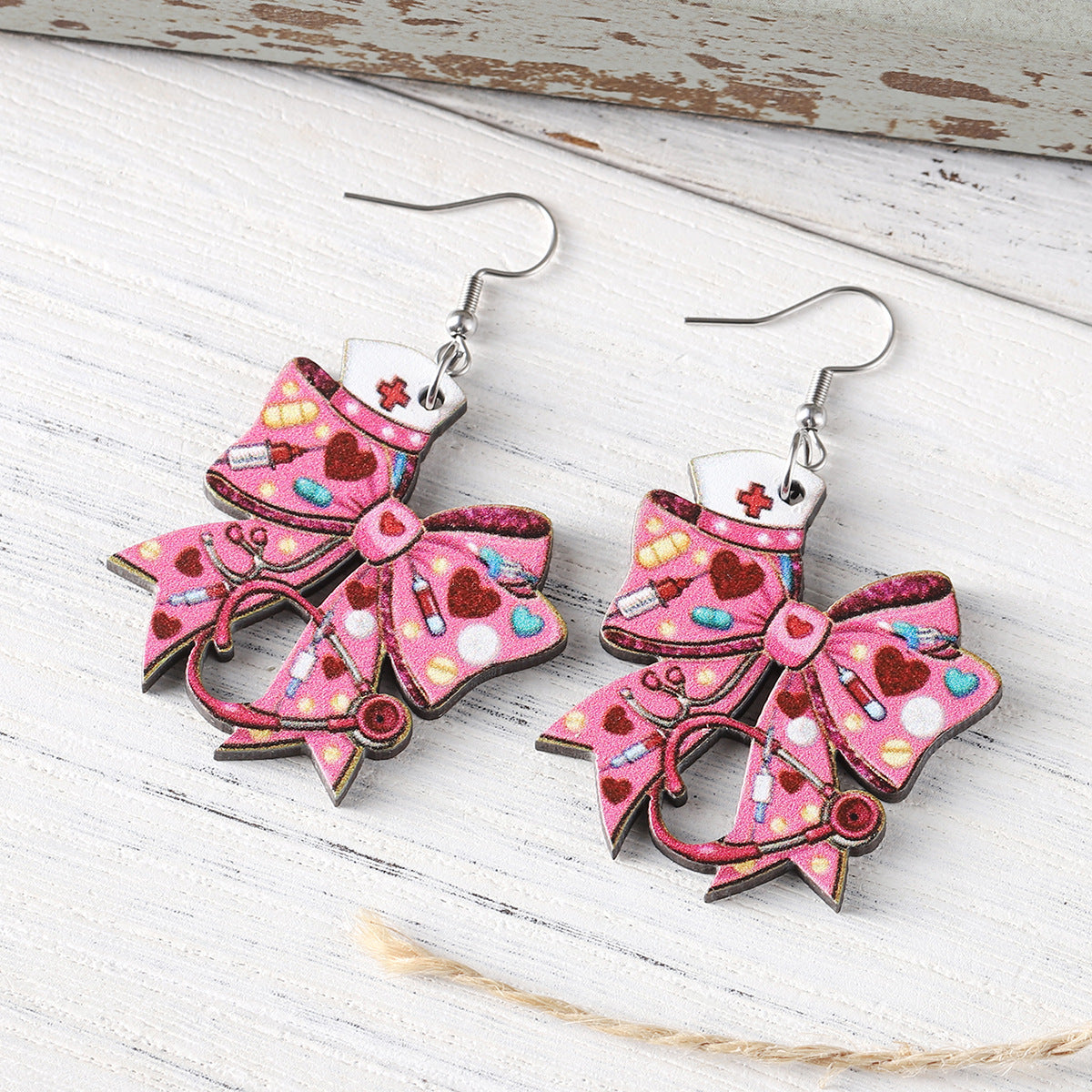 Wholesale Pink Love Nurse Hat Stethoscope Bow Pendant Wooden Earrings