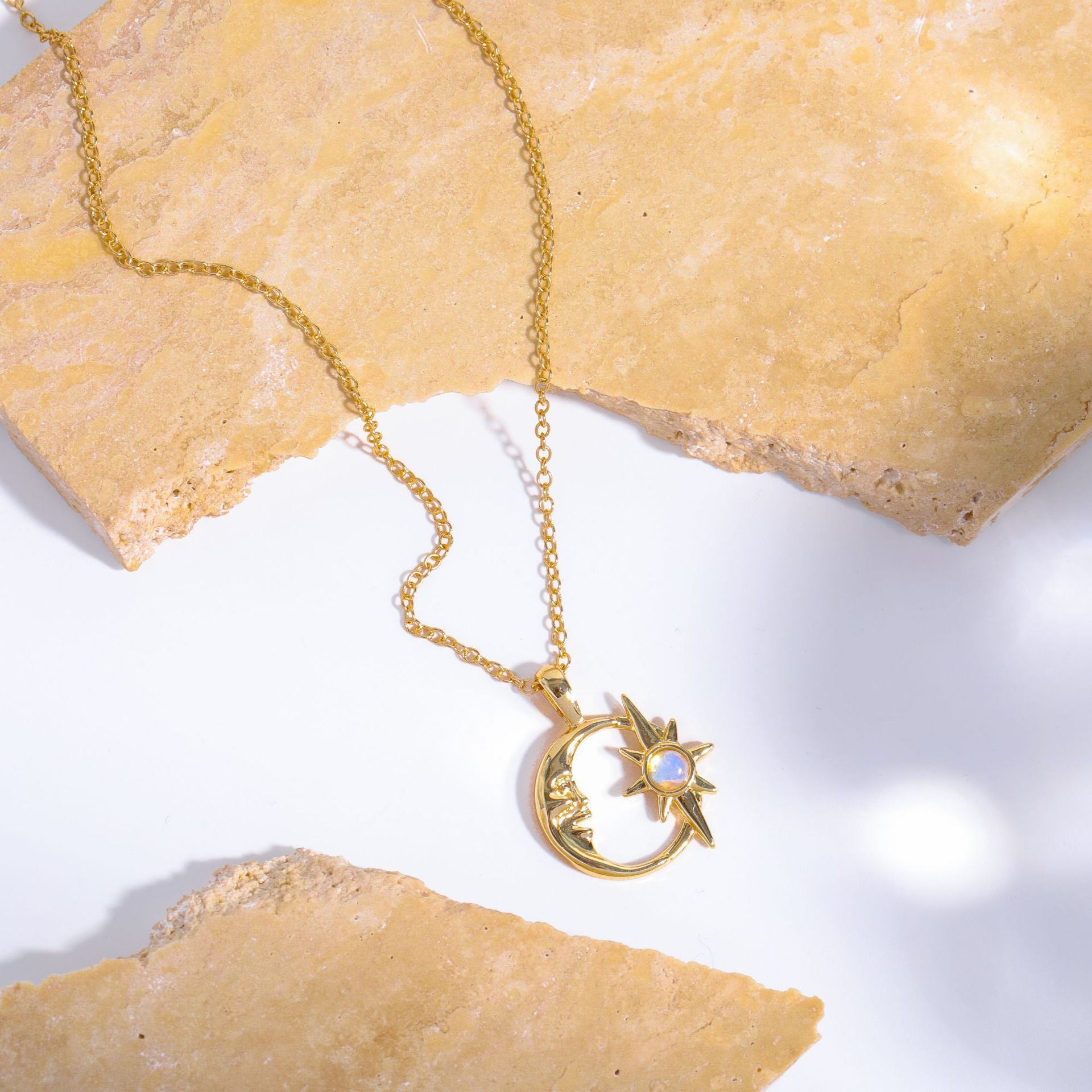 Wholesale 3D Hollow Star and Moon Embrace Opal Pendant Necklace