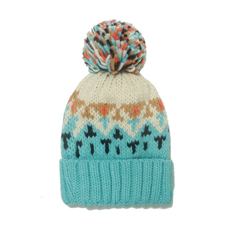 Wholesale Warm Mohair Mixed Color Geometric Diamond Jacquard Pom Pom Hat