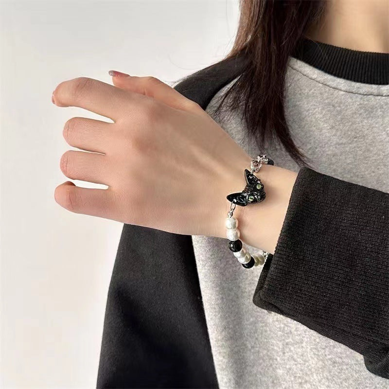 Wholesale Black Cat Pearl Beads Titanium Steel Alloy Bracelet