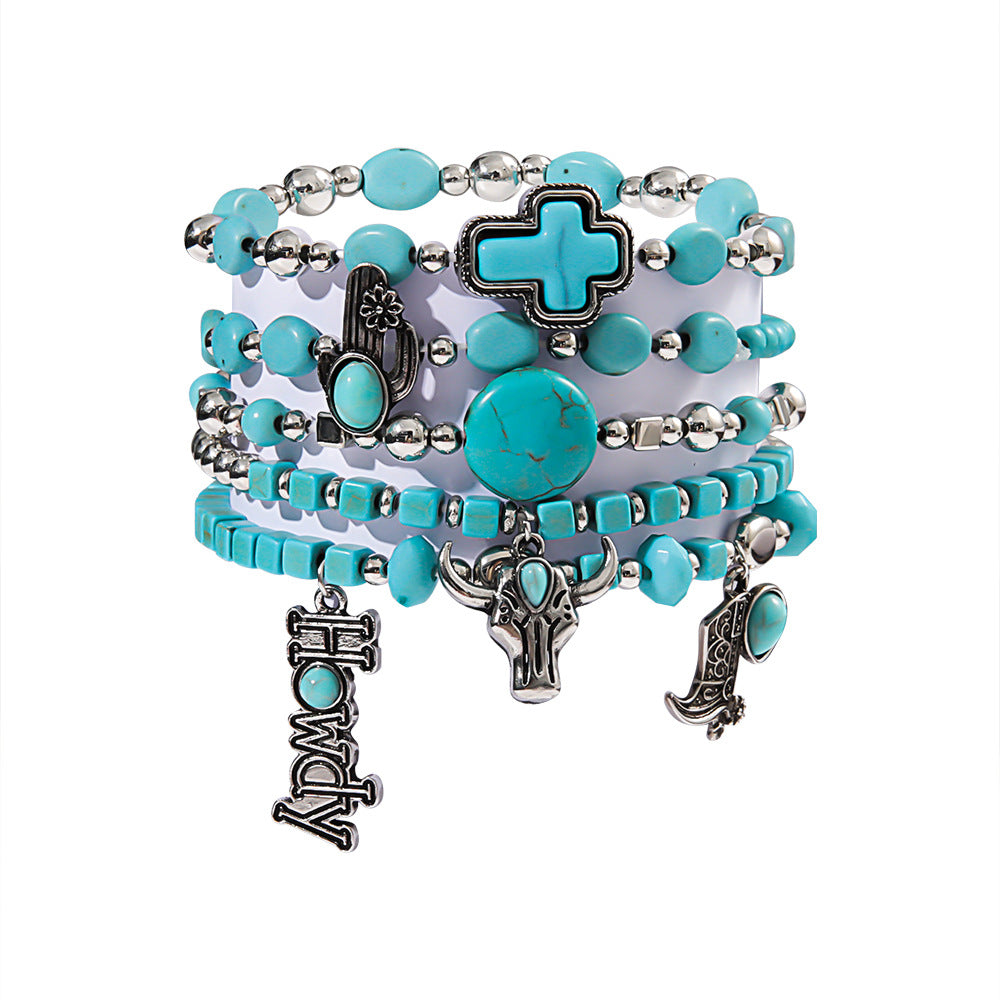 Wholesale Personalized Bull Head Turquoise Beaded Elastic Bracelet Set