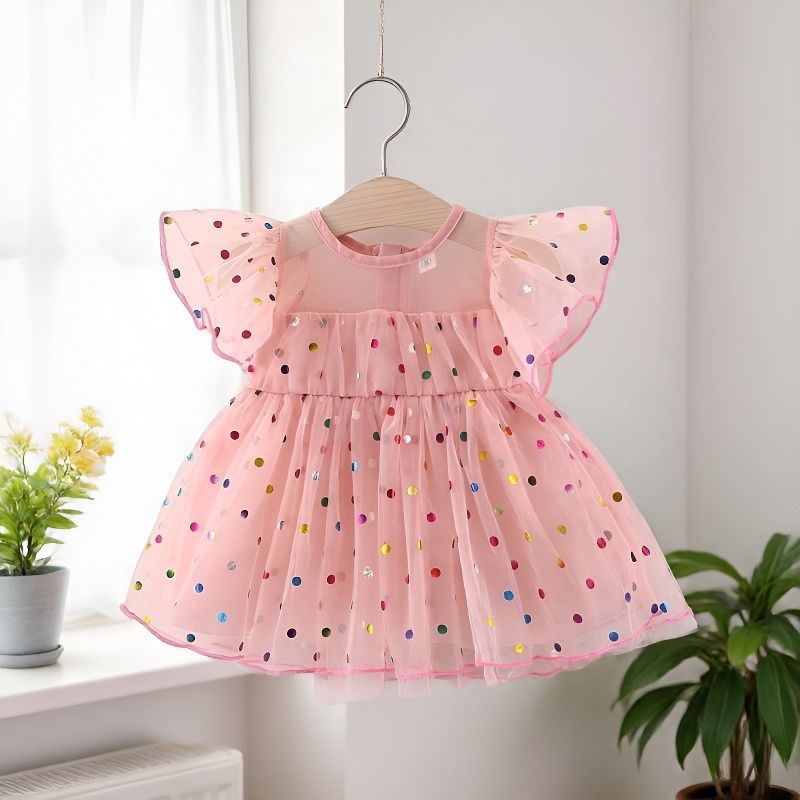 Wholesale Sweet Polka Dot Tulle Princess Dress For Baby Girl First Birthday Flutter Sleeve Fairy Tutu Outfit