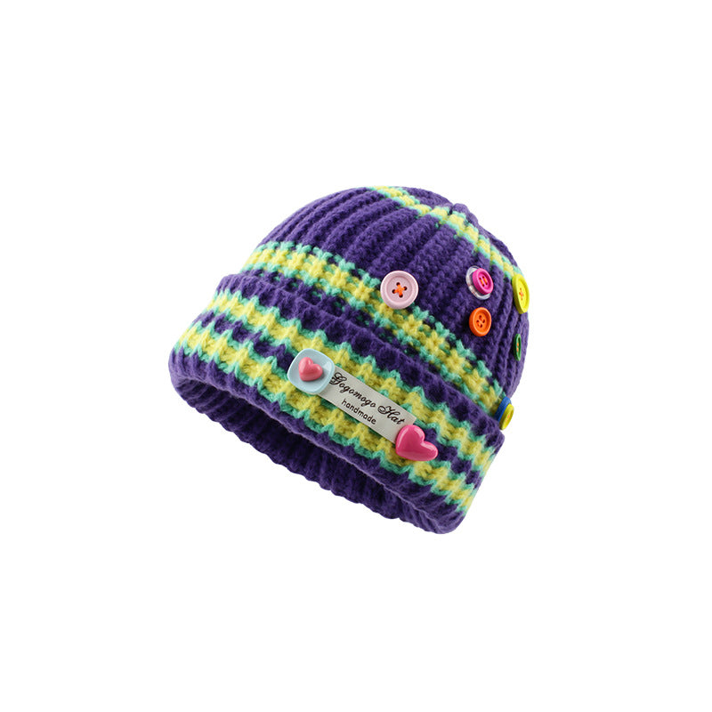 Wholesale Striped Colorful Button Knitted Woolen Knitted Hat