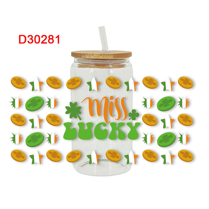 Wholesale Green Cartoon Four-Leaf Clover 16oz Cup UV DTF Wraps
