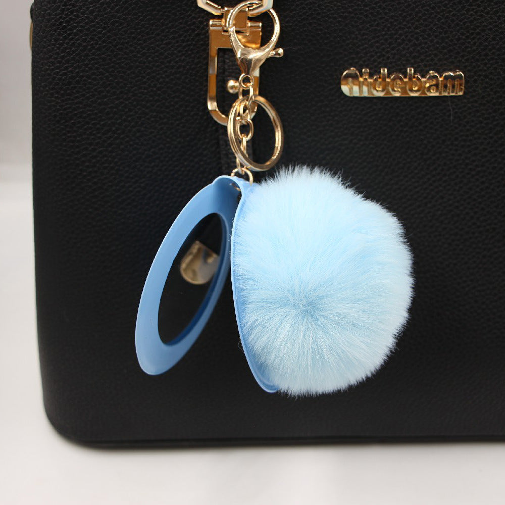 Wholesale Creative Light Gray Leather Pom Pom Mirror Keychain Bag Charm Car Key Accessory For Women Party Gift