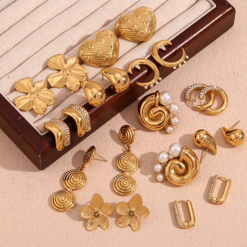 Wholesale Gold micro-inlaid geometric hollow crescent Stainless Steel Earrings