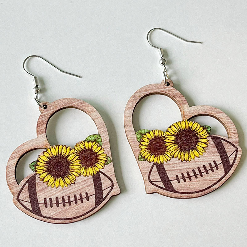 Wholesale 2pairs/pack Sports Balls Wooden Flower Hollow Love Sunflower Earrings