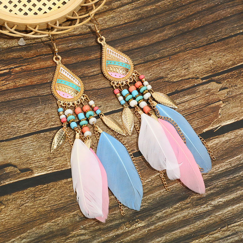 Wholesale Feather Bohemian Long Tassel Earrings