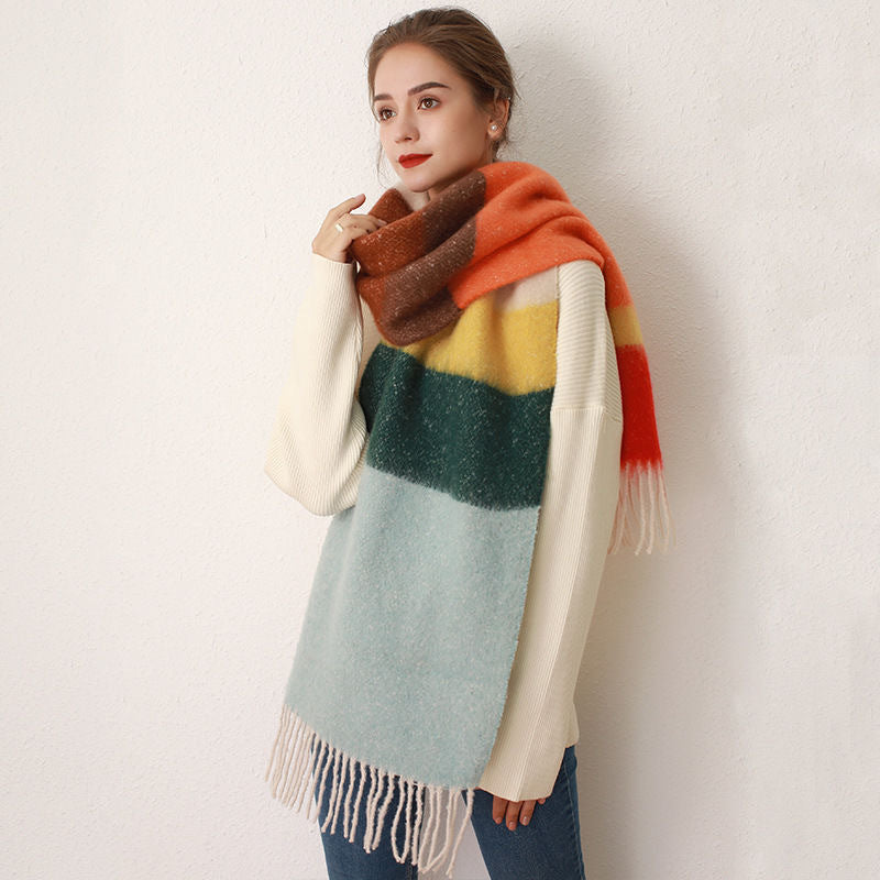 Wholesale New Contrast Striped Mohair Imitation Cashmere Thickened Tassel Scarf