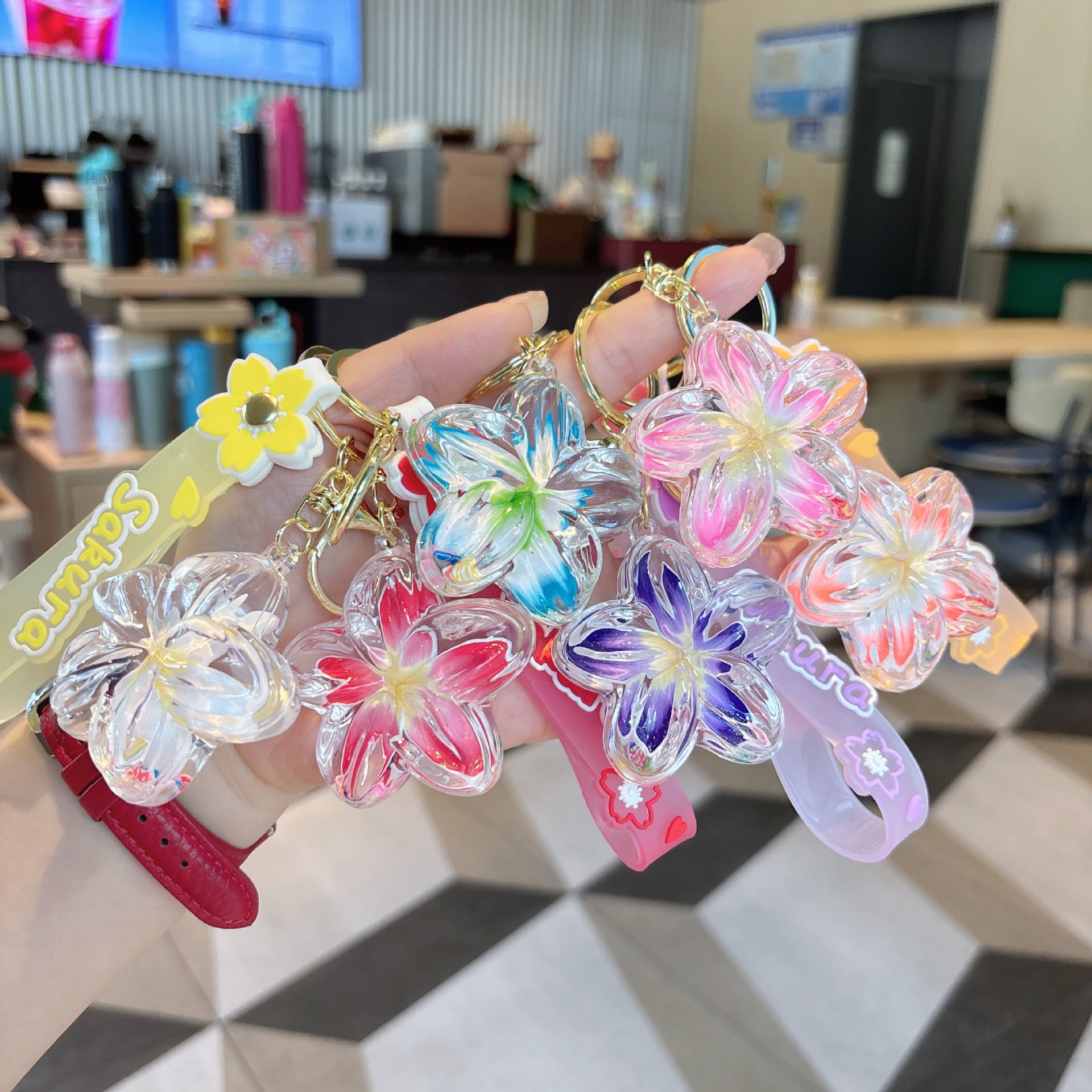 Wholesale Acrylic Liquid Sand Plumeria Keychain