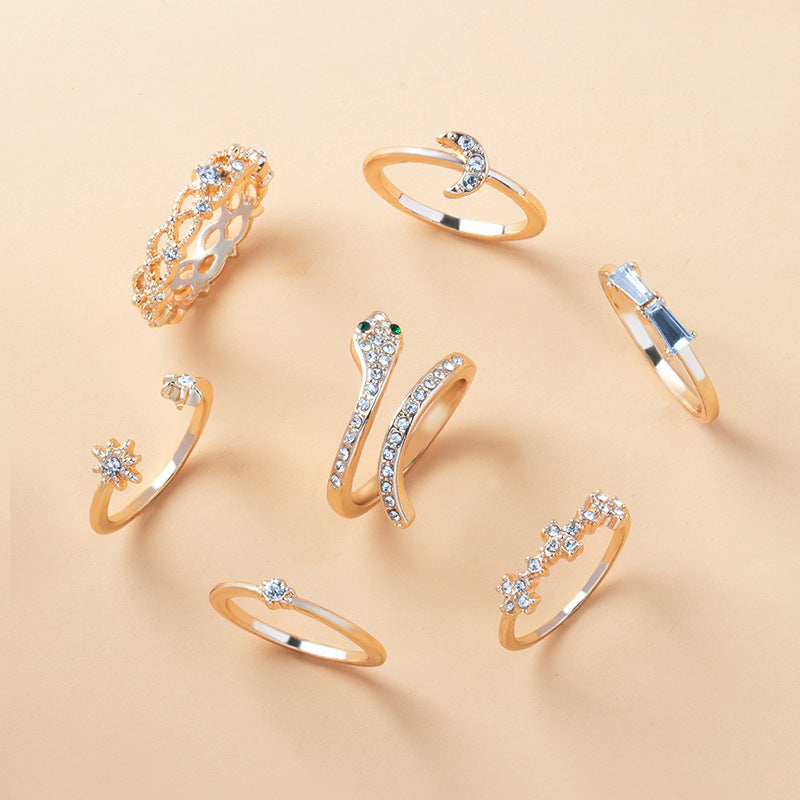 Wholesale Refers To The 7-piece Combination Set of Stars, Moons, Gemstones, and Snake Shaped Rings