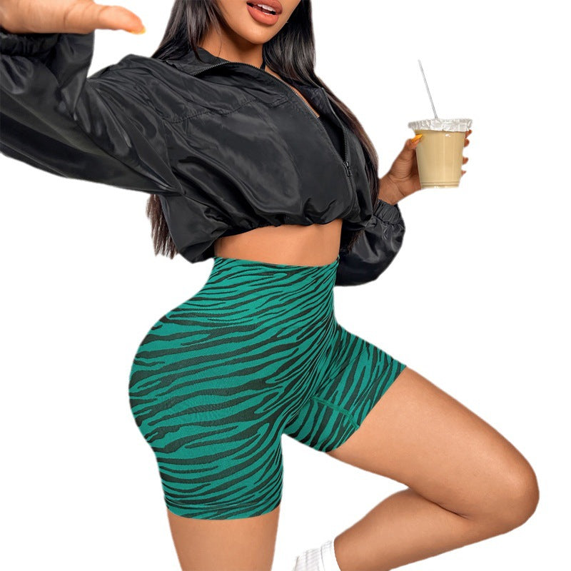 Wholesale seamless yoga shorts camouflage zebra pattern yoga pants high waist hip lifting outdoor sports fitness pants