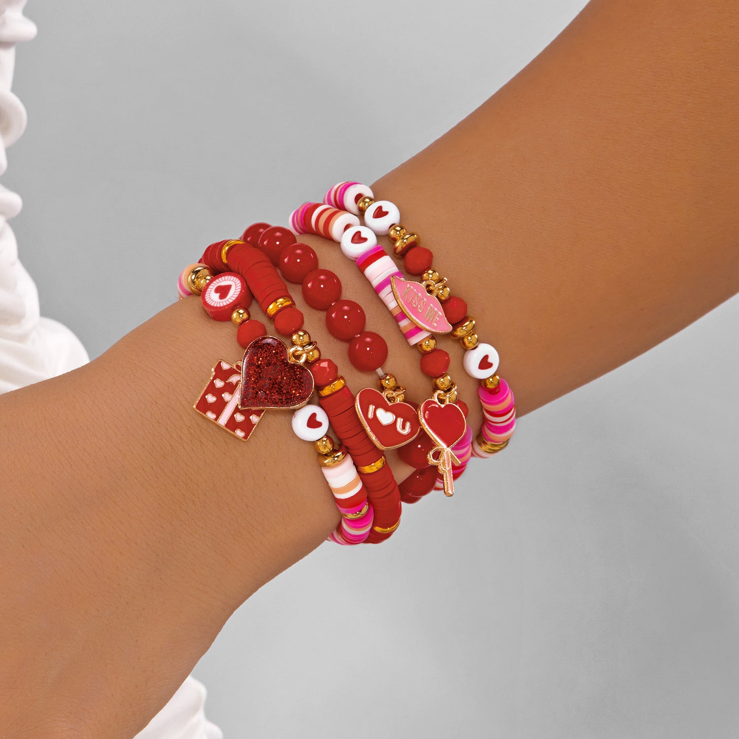 Wholesale Valentine' s Day Red Love Soft Ceramic Layered Bracelet Set