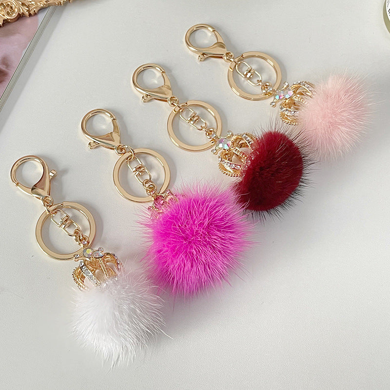 Wholesale Diamond Studded Mink Fur Ball Crown Keychain