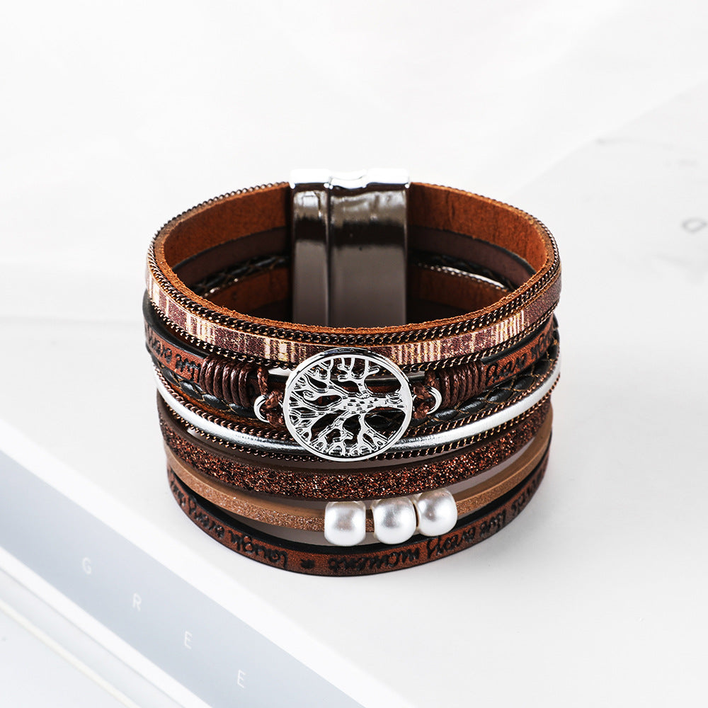 Wholesale Hand Woven Leather Hollow Tree of Life Multilayer Bracelet