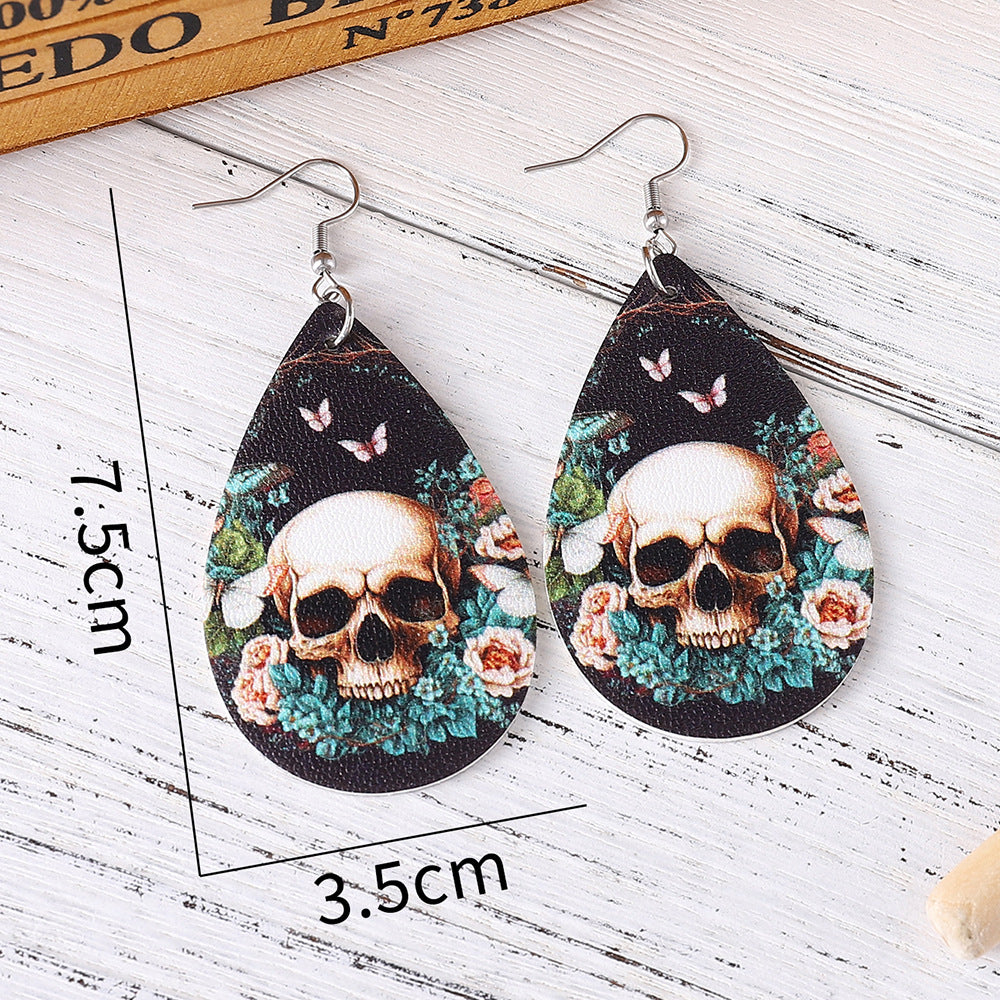 Wholesale Leaves Flower Butterfly Skull Earrings Double Sided PU Leather Water Drop Earrings