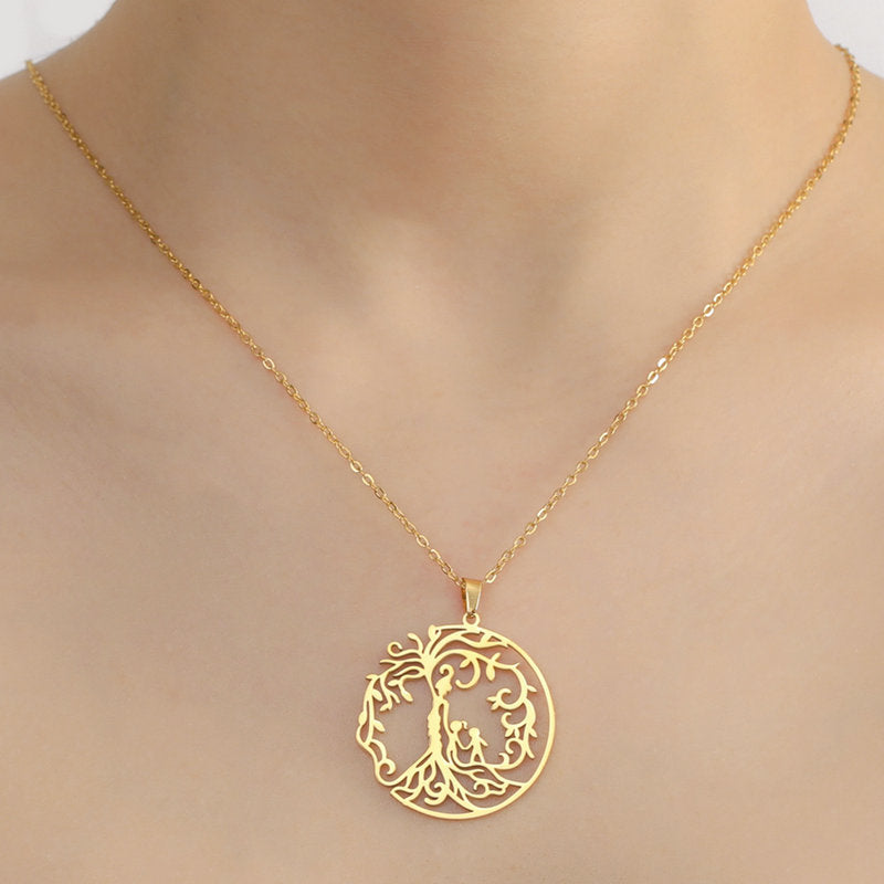 Wholesale Mother' s Day electroplated Tree of Life parent-child Stainless steel necklace