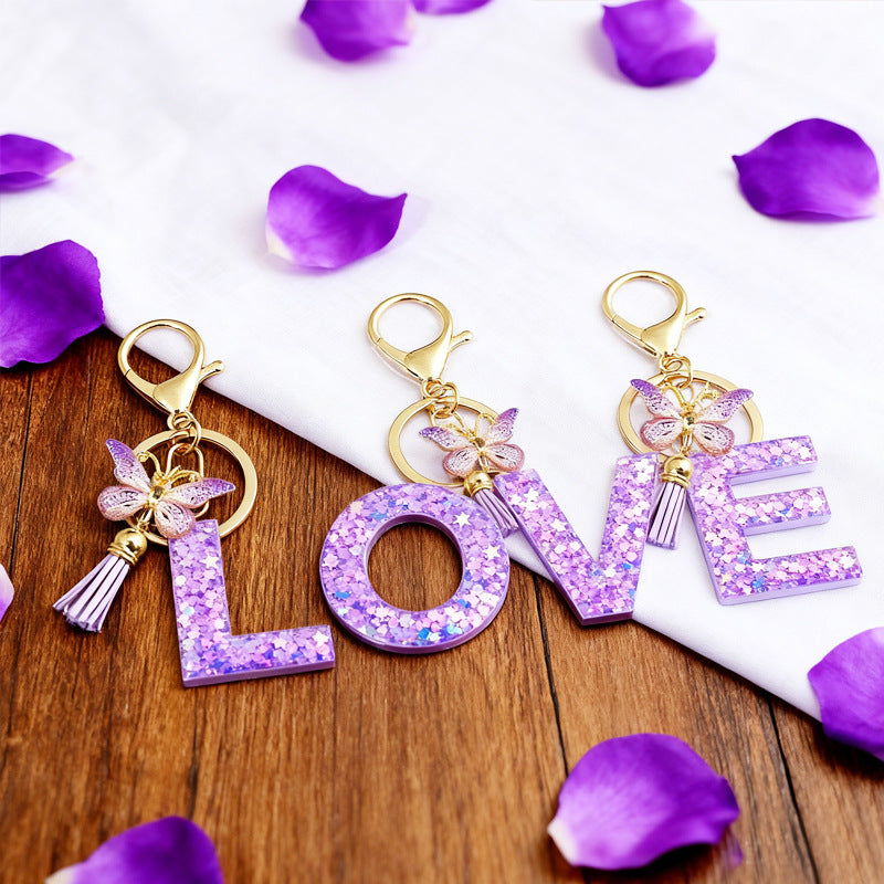 Wholesale Pink sequined butterfly 26 letter Sequin Keychain