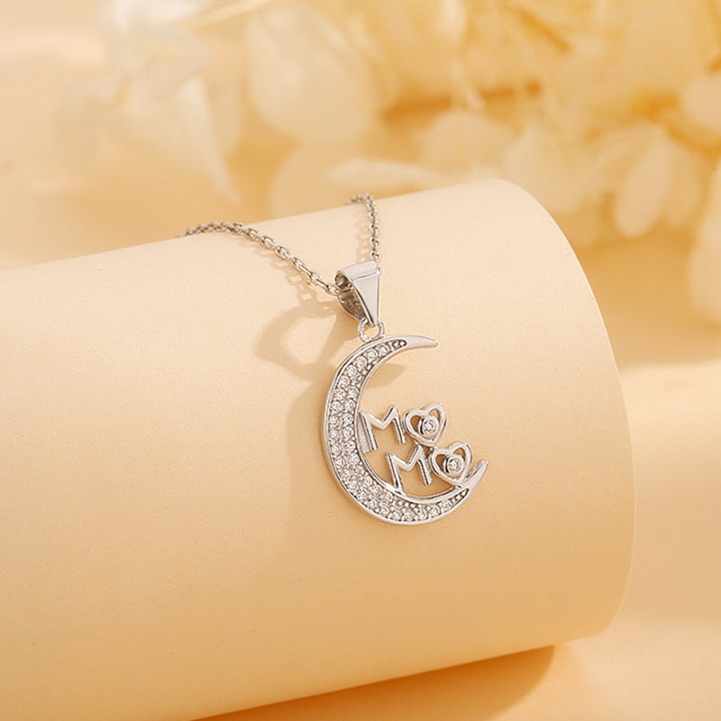 Wholesale S925 sterling silver diamond moon MAMA pendant necklace