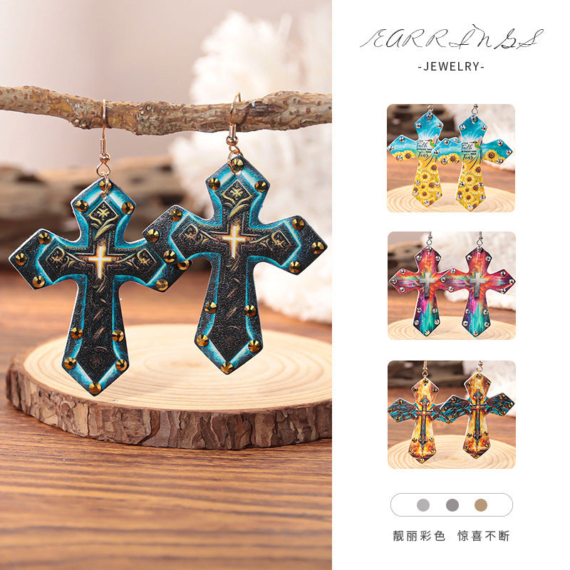 Wholesale Western-style colorful rhinestone cross earrings