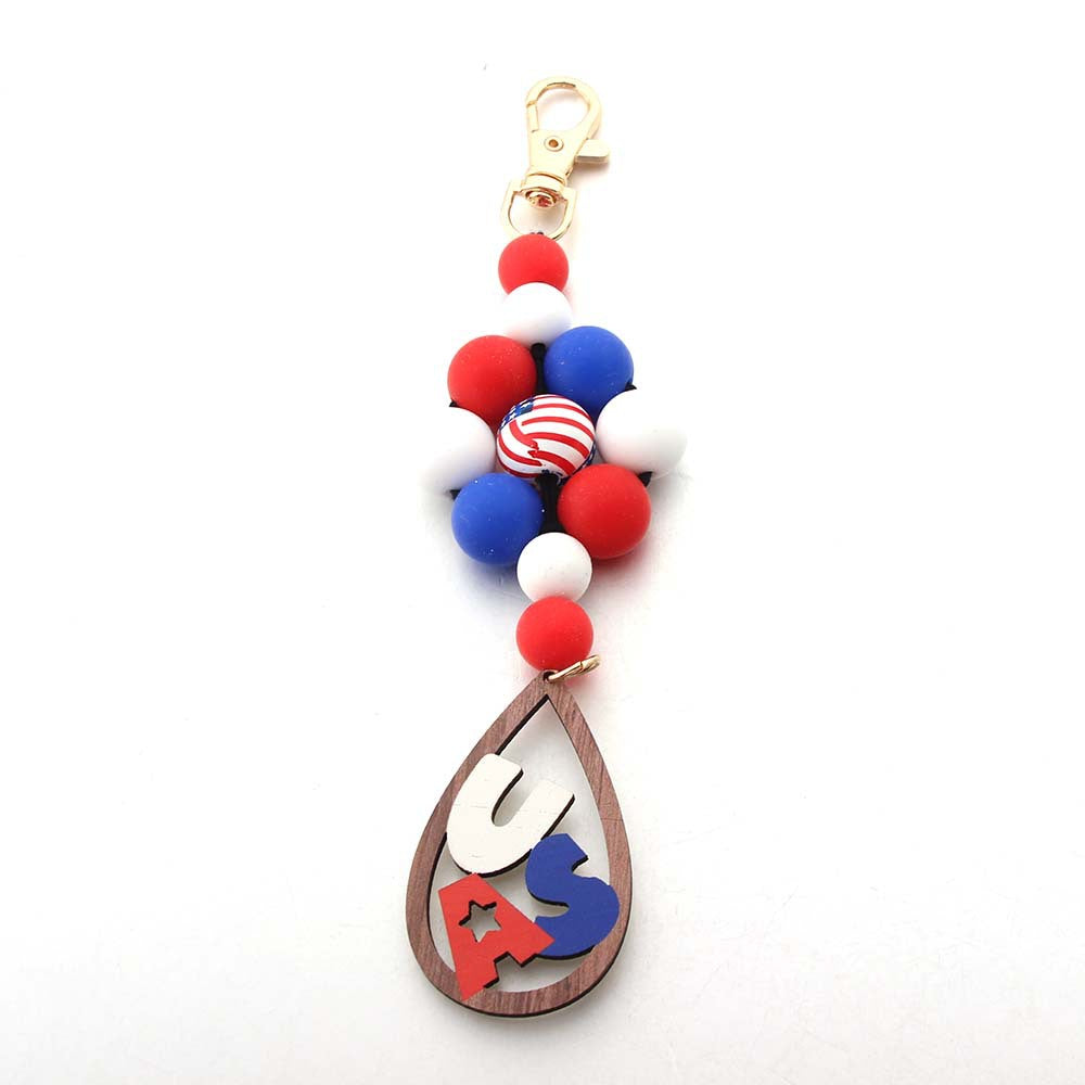 Wholesale American Independence Day Leather PU Wooden Sign Silicone Beaded Keychain
