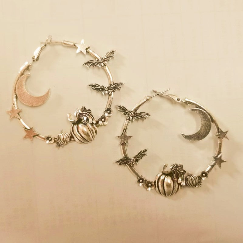 Wholesale Gothic Star Moon Pumpkin Bat Large Hoop Alloy Earrings
