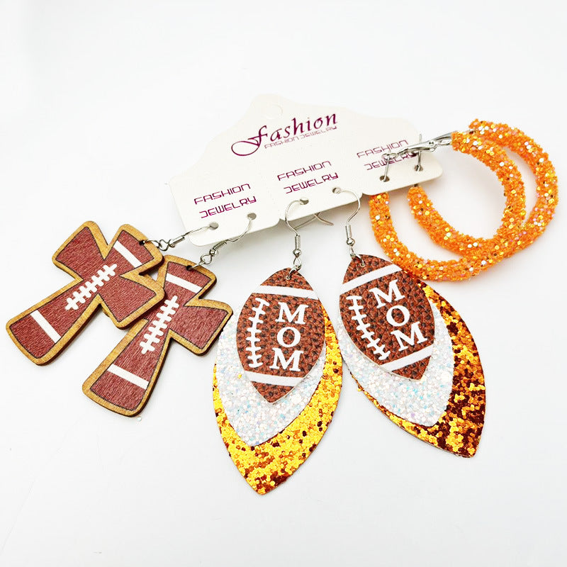 Wholesale 2 Sets Sports Rugby Field Cheer Football Cross Glitter Leather Earrings